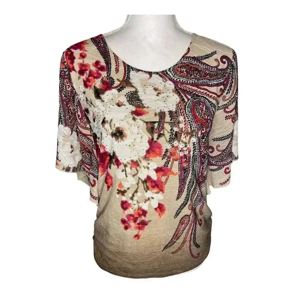JM Collection Women's Small‎ Butterfly Sleeve Embellished Paisley Print Shirt